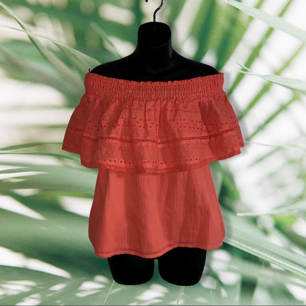 Woman's Bright Peach Off The Shoulder Eyelet Top